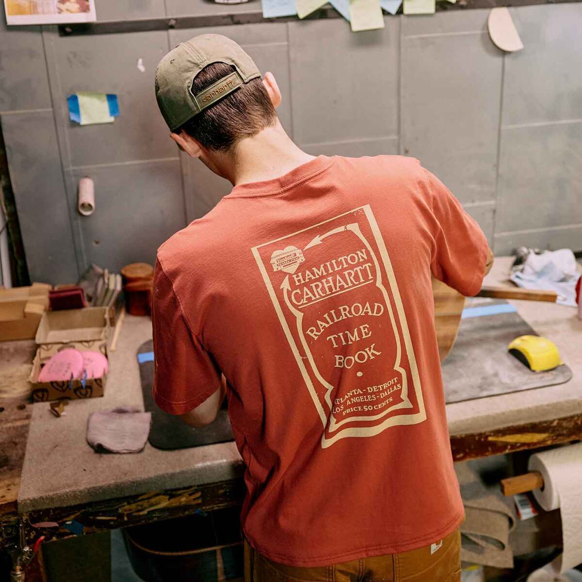 Carhartt Men's Relaxed Fit Lightweight Railroad Graphic Short Sleeve Work Shirt - Crimson Moss - L