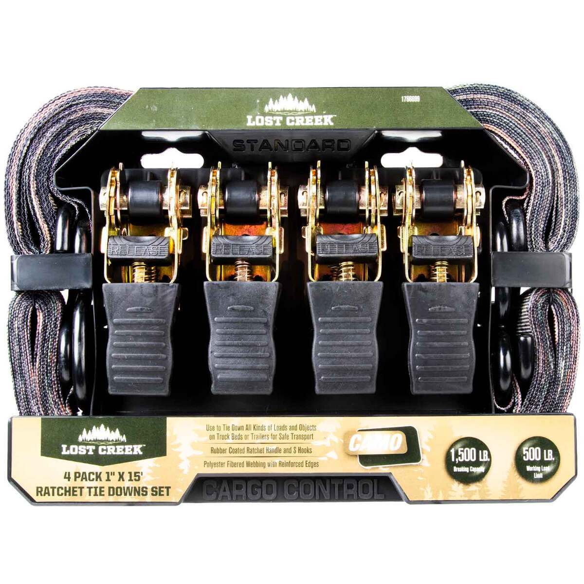 Lost Creek 4 Pack Camo Ratchet Tie Down Set - 15ft