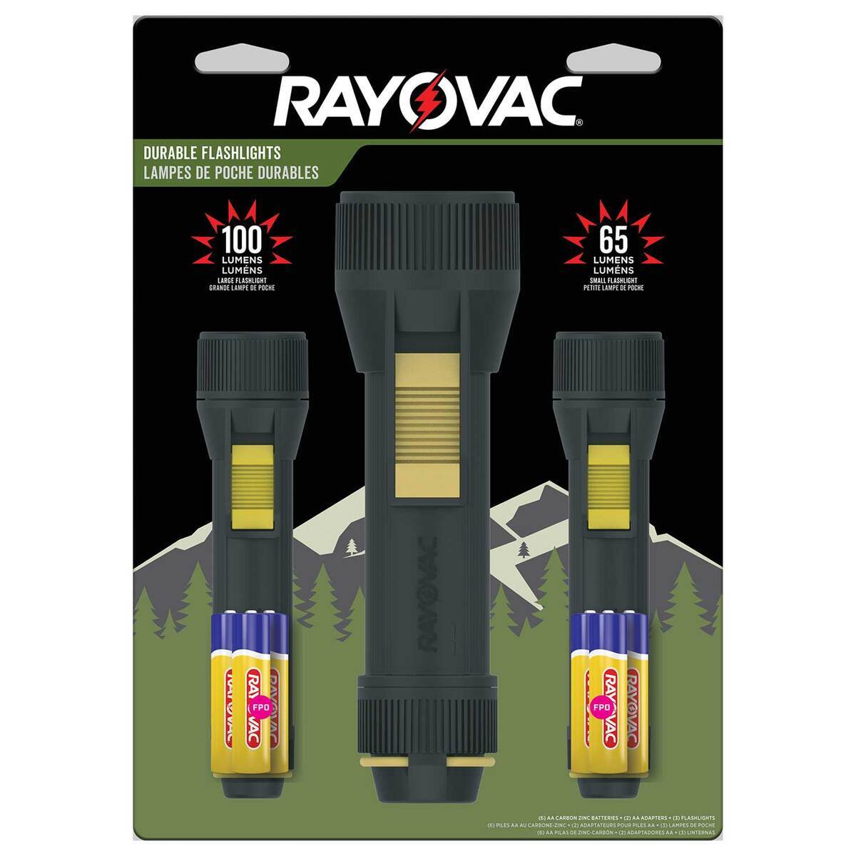 Rayovac Camping 3-Pack Led Flashlights 100/65 Lumens - Batteries Included